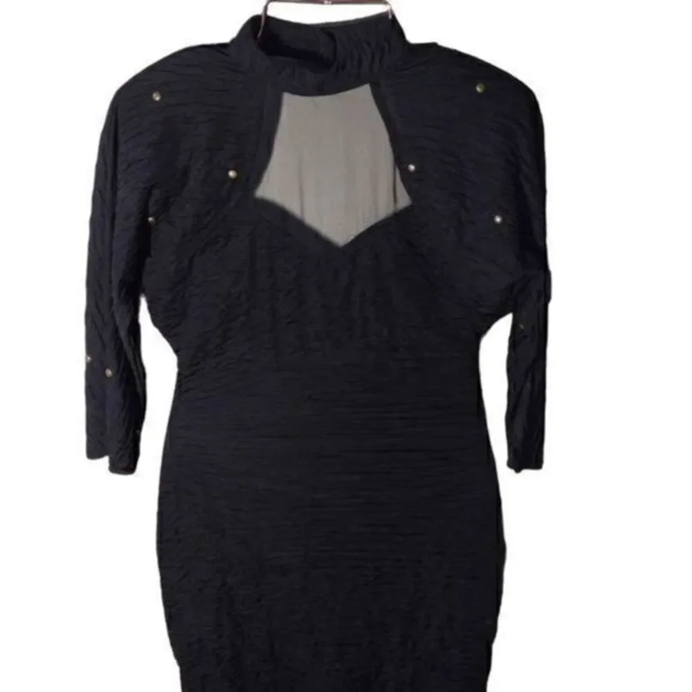 Absolutely! 80s Black Bodycon Mini Dress with Brass Stud Detailing and Choker Ne